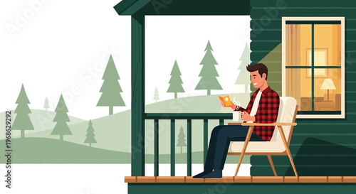 Man Relaxing on Porch Reading Book with Forest Landscape