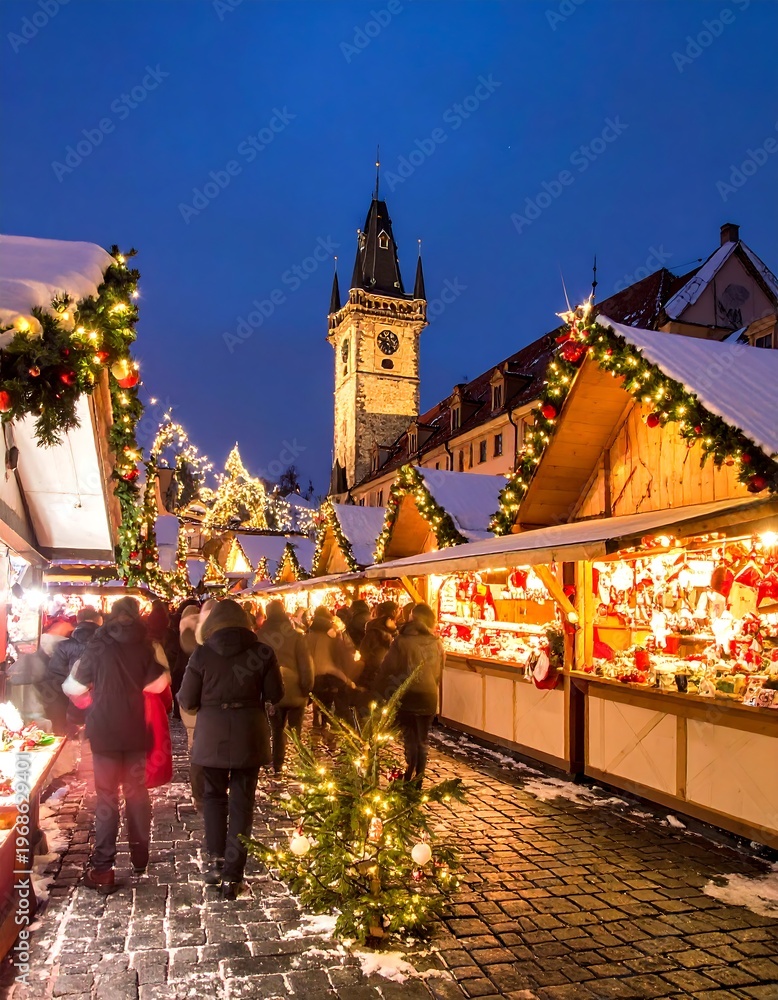 Naklejka premium A vibrant nighttime scene of a festive outdoor market, showcasing wooden stalls adorned with holiday decorations. People stroll about