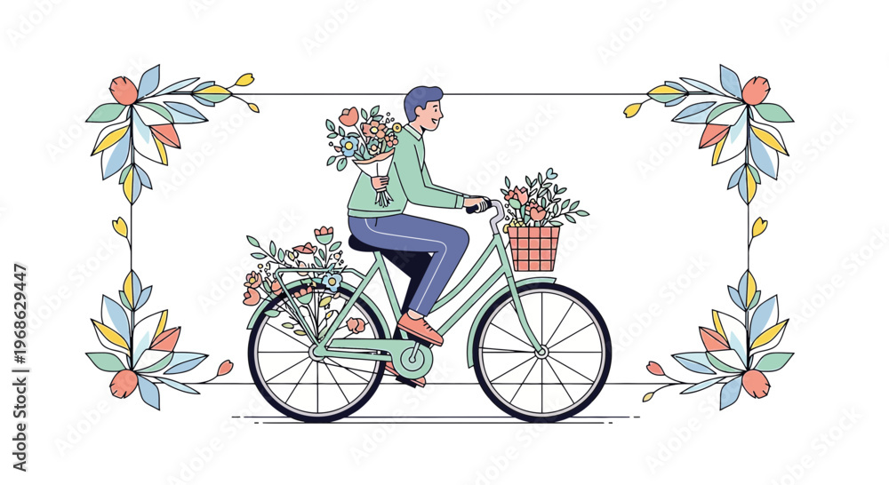 Fototapeta premium Man Riding Bicycle with Flowers in Basket and Carrier
