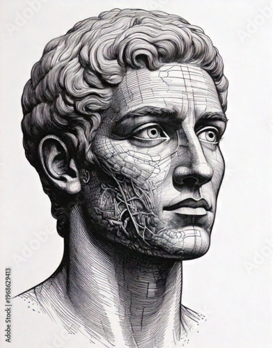 Ancient Roman Man Bust Sculpture Detailed Portrait.