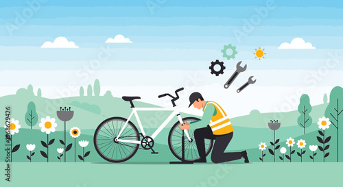 Man repairing bicycle outdoors in nature, cycling service, countryside scene