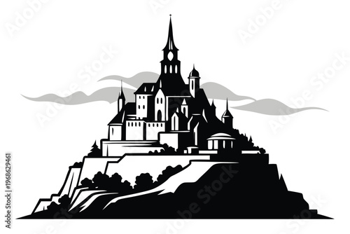 mont saint michel silhouette line art vector illustration with a white background