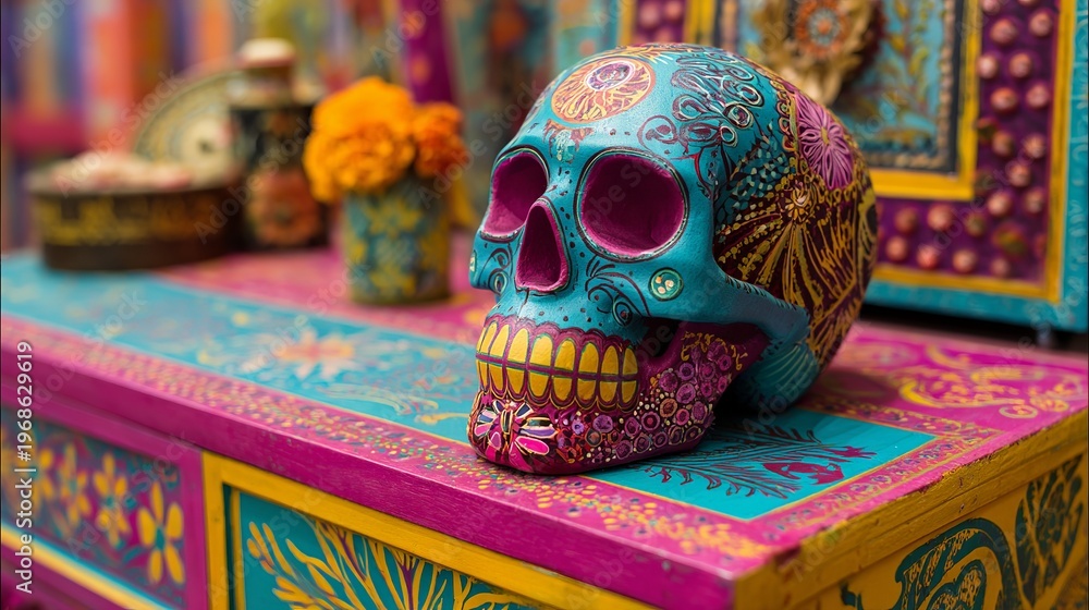 Fototapeta premium Brightly painted skull sits on a vibrant Mexican altar.