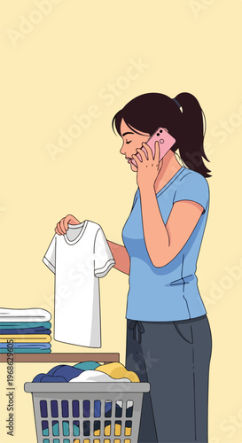 A young woman holds a folded shirt while talking on her mobile phone at home