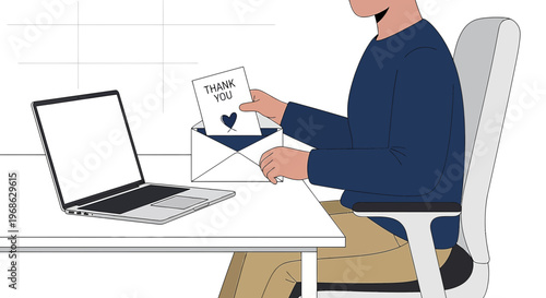 Man Sending Thank You Card from Office Desk with Laptop