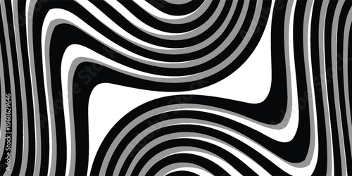 Abstract Halftone Black and White Wavy Lines Textured Background with 3D Illusion and Twisting Movement Effect. Vector Op Art Illustration.