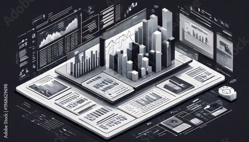 Abstract digital city skyline with data visualization elements.