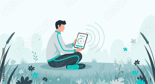 Man Sitting in Nature Using Tablet, Digital Connection and Mindfulness Concept