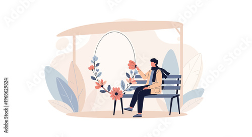 Man Sitting on Bench Decorating Floral Wreath