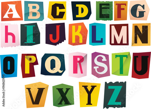 Colorful magazine cutout alphabet for punk and urban design vector