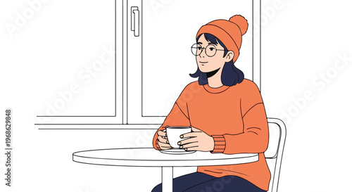 A girl in an orange sweater and beanie sits at a table holding a coffee mug