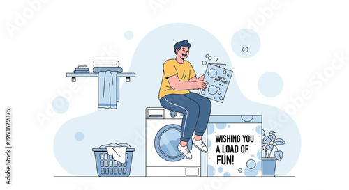 Man Sitting on Washing Machine with Laundry and Funny Card