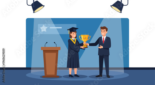 A graduate receiving a gold trophy from a formal man on a lit stage podium area