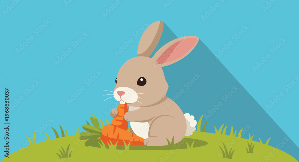 Obraz premium A cute cartoon rabbit sitting in the grass while eating a fresh orange carrot