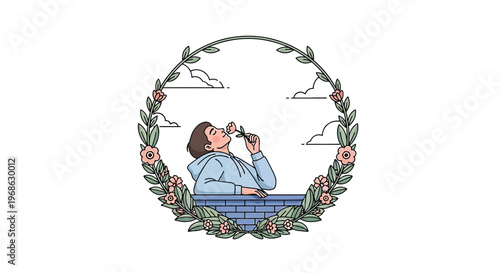 Man Smelling Rose in Floral Wreath Frame, Serene Moment, Nature Connection