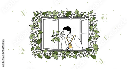 Man smelling flowers through window surrounded by floral frame, illustration