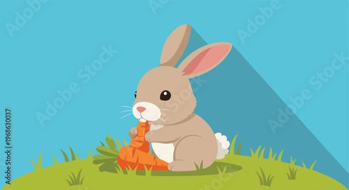 A cute cartoon rabbit sitting in the grass while eating a fresh orange carrot
