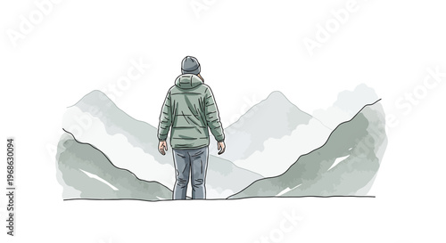 Man Standing in Snow, Looking at Snowy Mountains