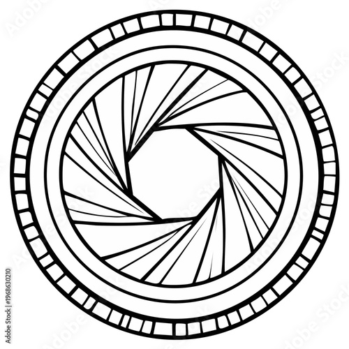 Camera lens aperture icon illustration, round shutter design, photography equipment graphic, optical instrument, photography symbol, diaphragm