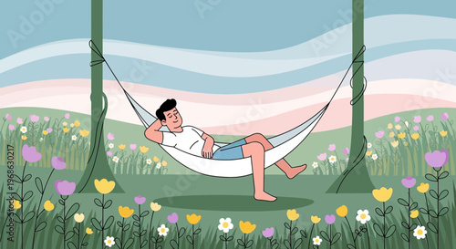 Man Relaxing in Hammock Amidst Blooming Spring Meadow and Pastel Sky