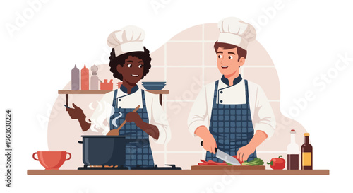 A man and a woman in chef uniforms prepare a meal together in a bright kitchen