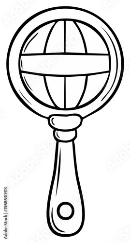Vintage rattle toy with geometric pattern, hand drawn illustration, black line art vector for children, simple line art