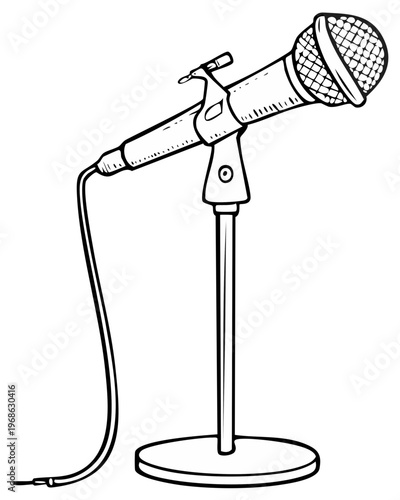Stand microphone with cable graphic illustration black and white simple line art on a music stand for vocals and recordings