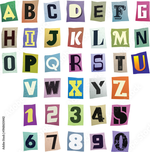 Ransom note alphabet set with cut paper letters and numbers vector