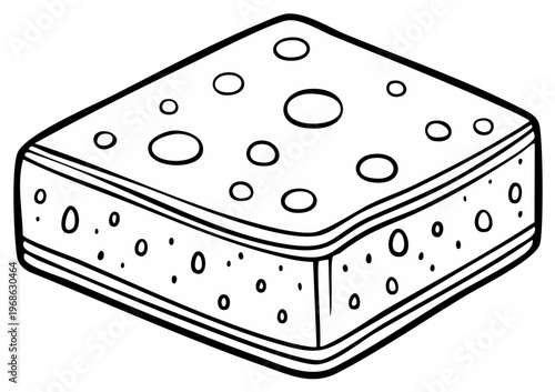 Kitchen cleaning sponge with scouring pad simple line art illustration for coloring book