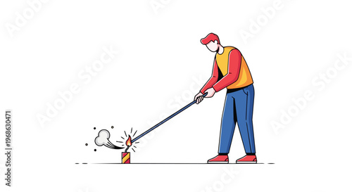 Man lighting a firework fuse with a long match stick