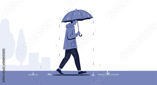 A flat vector illustration of a person walking in the rain with an umbrella on