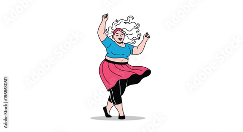 A plus-size woman with long curly hair dancing happily in a casual pink skirt