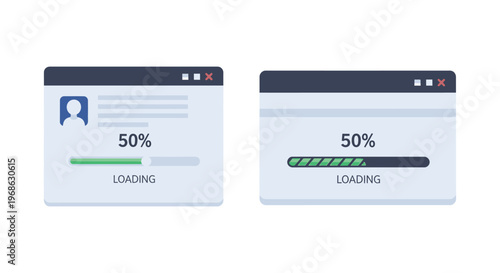 Two browser windows display loading progress bars at fifty percent featuring a small human silhouette high quality professional detailed modern elegant