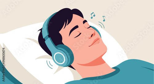 A peaceful young man rests on a pillow while wearing headphones listening music