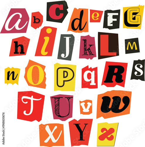 Vintage anonymous letter font collection with colorful paper scraps vector