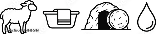 Set of 4 minimalist line icons representing biblical themes: sacrificial lamb, washing basin, empty tomb, and water drop.