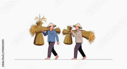 Two farmers wearing conical hats carry large harvested rice bundles on shoulders
