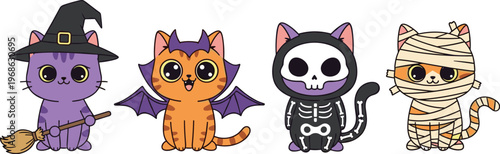 Cute Halloween cat characters set with witch, vampire bat, skeleton and mummy costumes, cartoon vector illustration collection