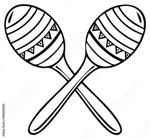 Crossed maracas illustration, black and white design with patterned detailing, musical instruments.