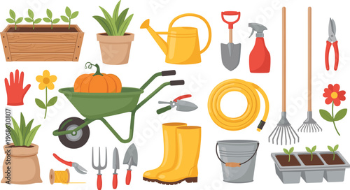 Gardening tools and equipment set with wheelbarrow, watering can, plants, gloves and boots, flat vector illustration collection