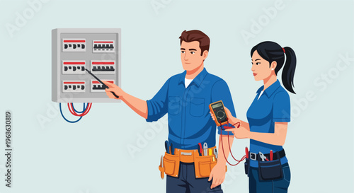 A man and a woman in blue uniforms inspect a residential circuit breaker panel