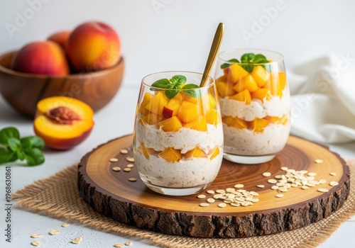 Peach and oat parfaits on a wooden board