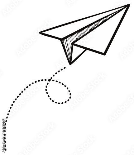Hand drawn paper airplane leaving a dashed trail in flight illustration