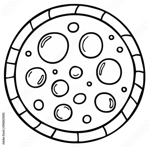 Simple outline drawing of a whole round pizza with bubbly cheese and a crusty edge for coloring