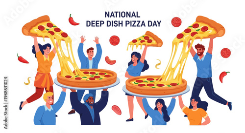 Vector illustration celebrating National Deep Dish Pizza Day, showing diverse characters holding large Chicago-style pizzas aloft, with bright colors and a cheerful design against a light
