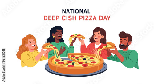 An illustration commemorates National Deep Dish Pizza Day, depicting diverse characters enjoying Chicago-style pizza with toasted flatbread, designed in a clean vector style against a white