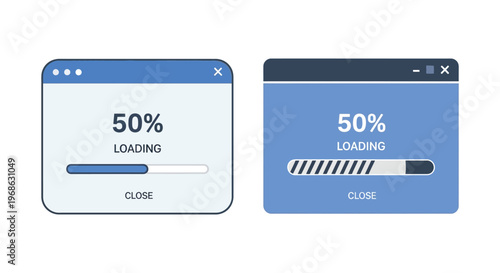 Two browser windows display a 50 loading progress bar with a close button showcasing digital interface elements silhouette high quality