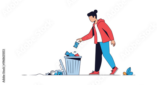 Person throwing trash into a bin, environmental awareness illustration