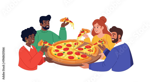 A group of diverse characters celebrates a Chicago-style pizza event, enjoying toasted flatbread slices around a large pizza, depicted in a colorful vector illustration against a clean