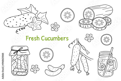 Fresh cucumbers doodle set. Hand drawn outline vegetable collection with slices, pickles, jar and detox drink